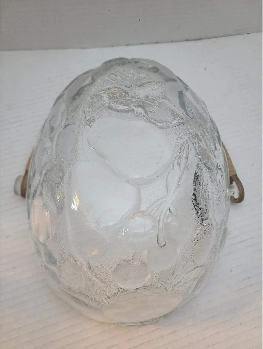 Mid Century Modern Embossed Clear Pressed Glass Fruit Basket Bowl Rattan Handle